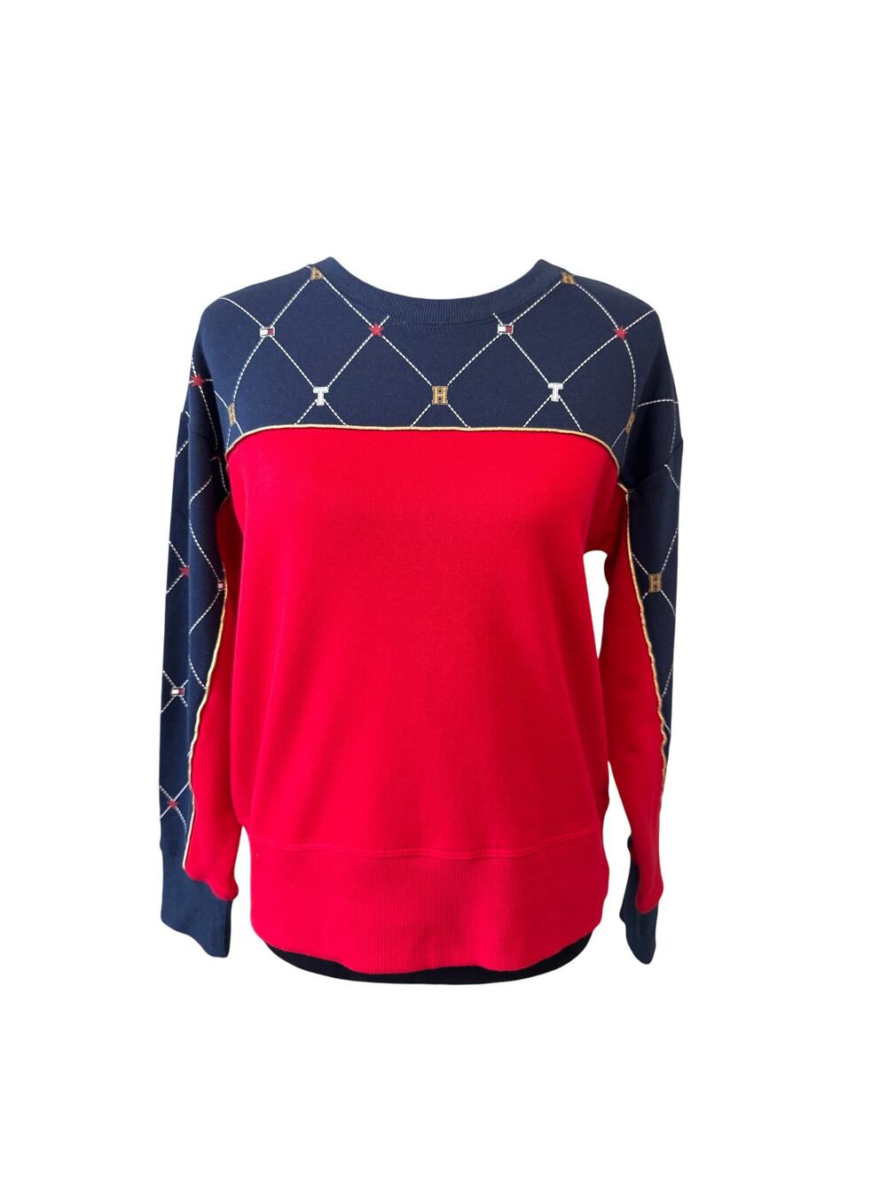 New TOMMY HILFIGER Women's Red Long Sleeve Crew Neck T-shirt Size XS Oversized